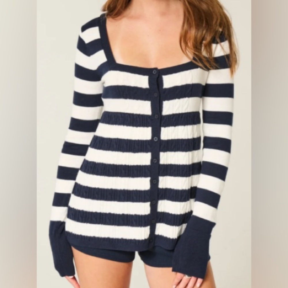 Hollister Navy and White Stripe Button Down Sweater, size L, New with Tag